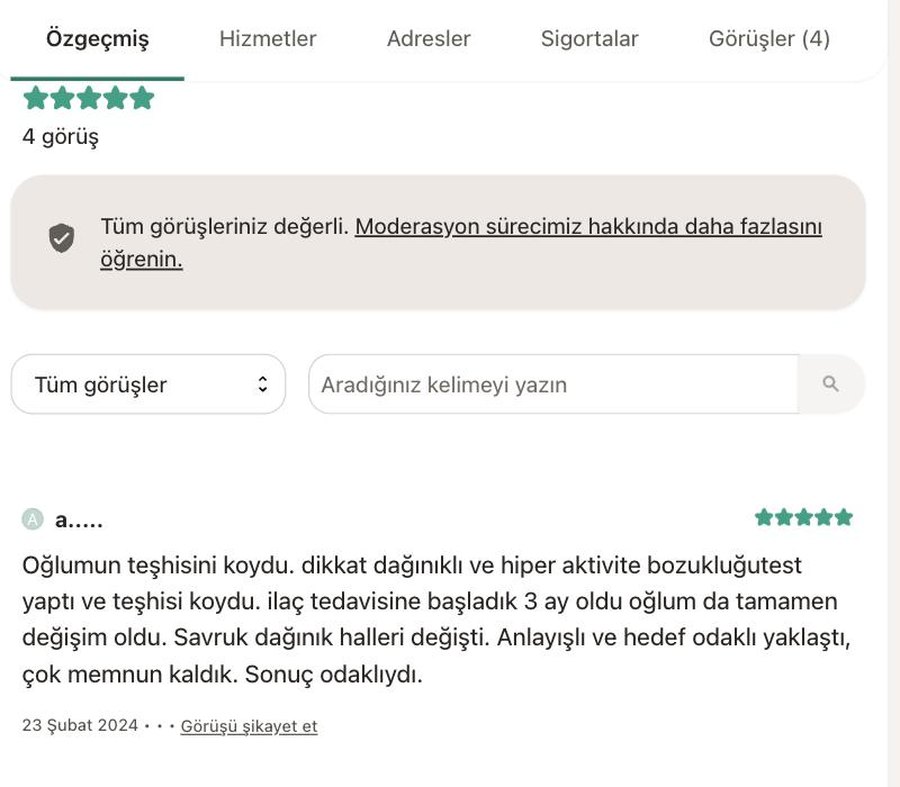 DoktorTakvimi profilindeki 5 yıldız ve 4 görüş