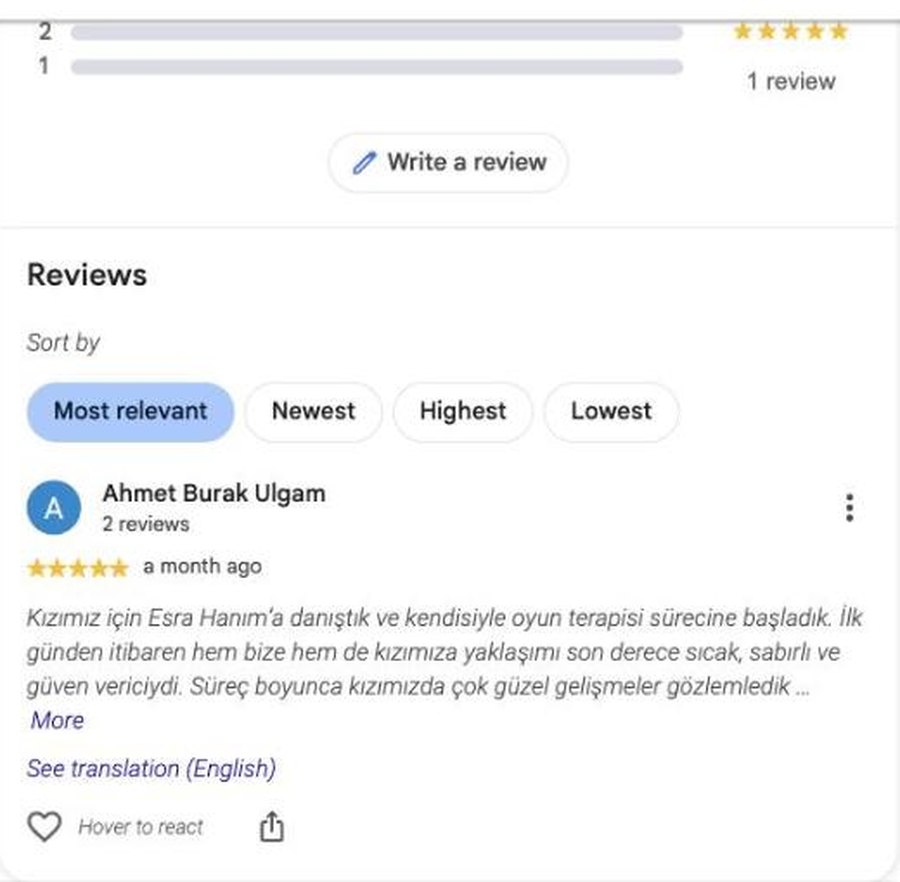 Google işletme profilindeki 5,0 puan ve danışan yorumu